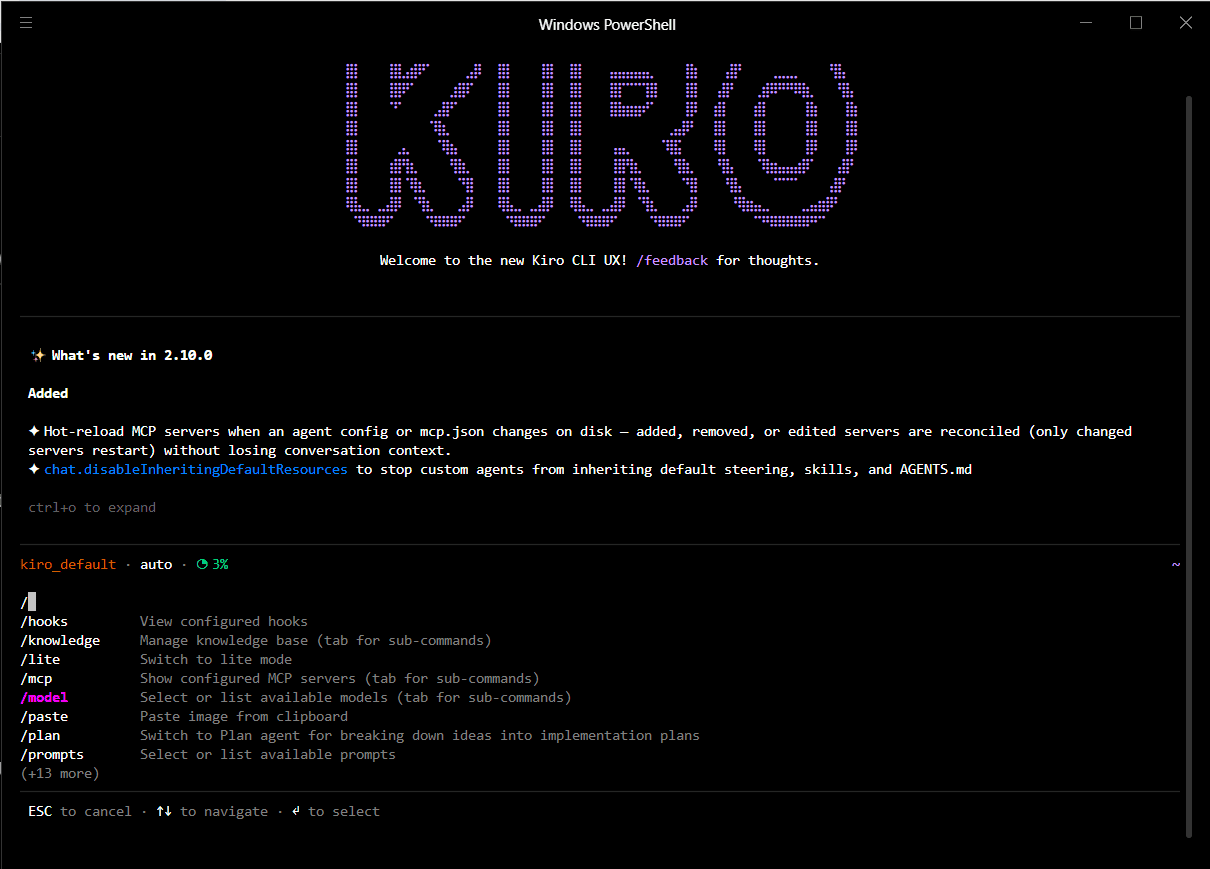 Kiro CLI في الطرفية مع أوامر slash مثل /plan و /model و /mcp