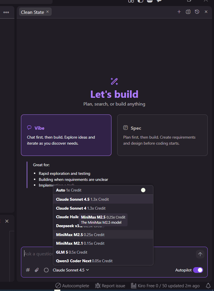 اختيار النموذج في Kiro IDE مع وضع Auto ومعاملات استهلاك الرصيد لكل نموذج